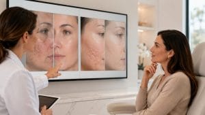 Physician explaining the difference between laser skin rejuvenation vs skin resurfacing during a medical aesthetics consultation.
