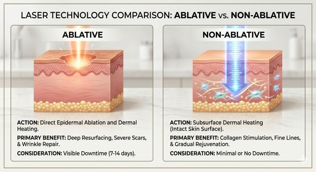 Structural diagram of the human skin outlining the differences between ablative laser and non-ablative lasers for skin resurfacing 