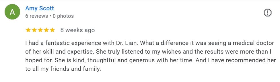 Patient Review of Dr. Lian Peter's cosmetic clinic