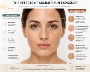 UV sun damage causing pigmentation collagen loss dehydration and premature skin aging