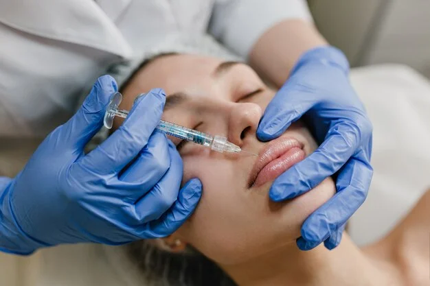 closeup portrait young woman doing Dermal filler procedures by professional injection