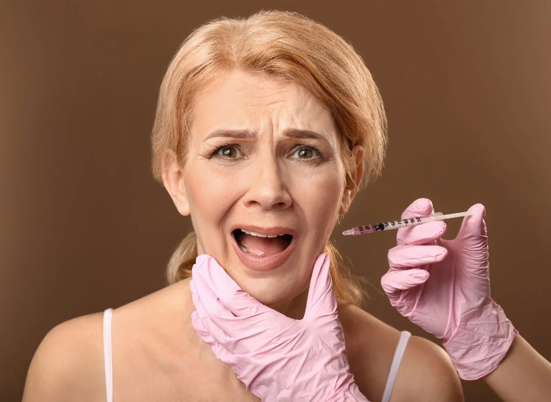 Woman looking scared while being injected with dermal filler