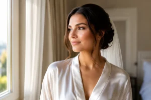 Bride-to-be with glowing skin and natural makeup preparing for her wedding day, showcasing radiant bridal skin achieved through a personalized beauty and skincare routine.